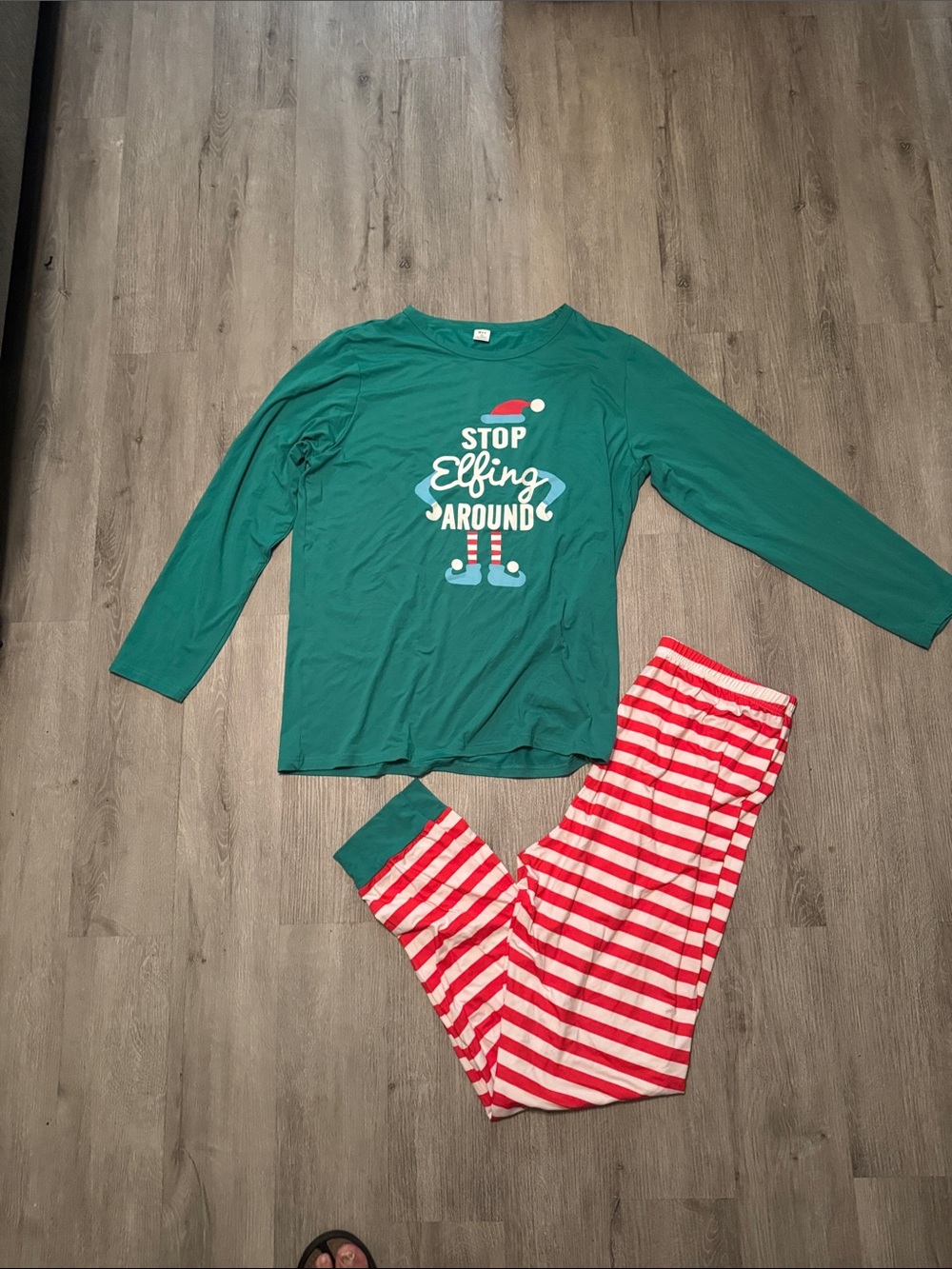 ***2/$15*** Men's Green Holiday Pajama Set with Red & White Stripe Pants